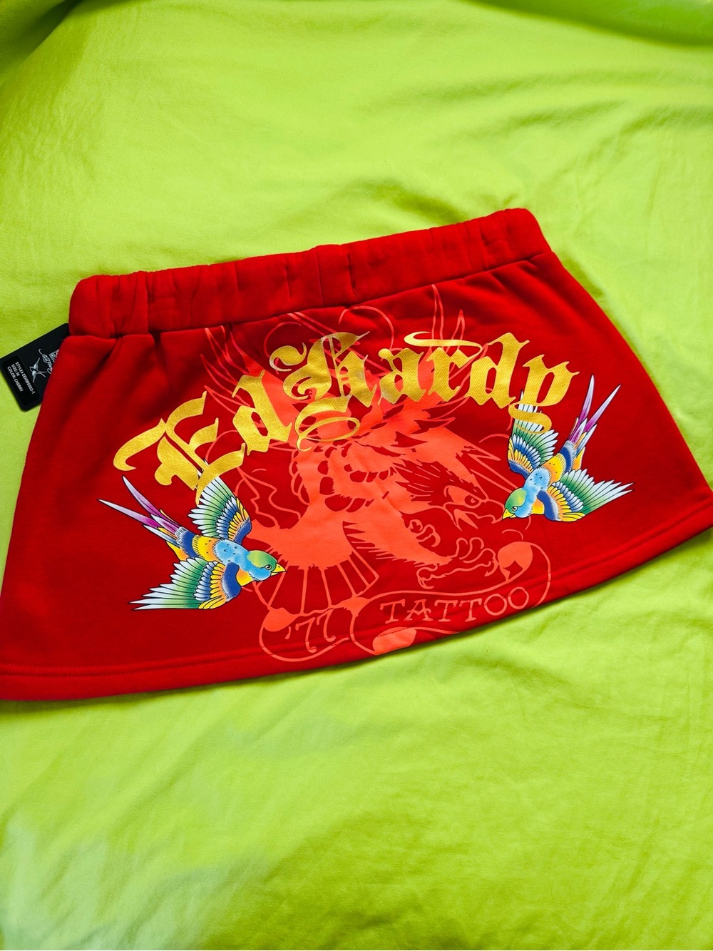 Ed Hardy Red Mini Skirt with Logo and Multicolor Swallows